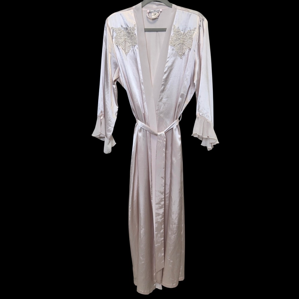 Linea Donatella Womens Satin Robe L/XL Pink Lace Ruffle Cuff Bridal Coquette